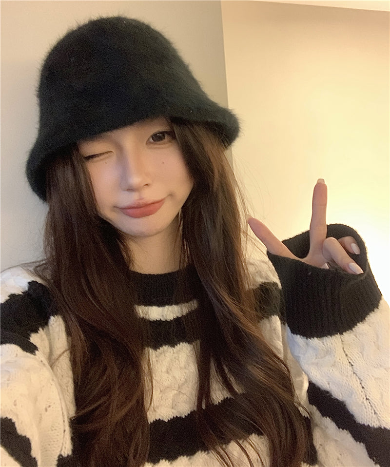 日系百搭可愛仿兔毛漁夫帽子