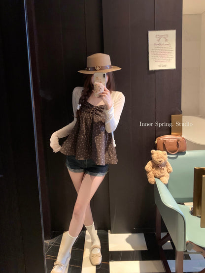 甜美蝴蝶結碎花吊帶背心&木耳邊罩衫兩件套