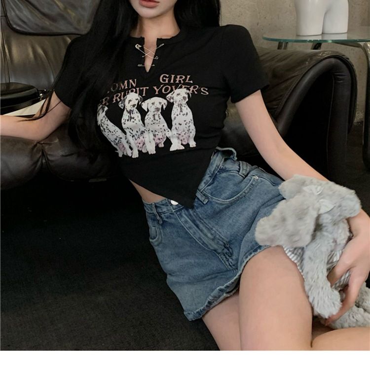 美式狗兒不規則V領上衣(有大尺碼)
