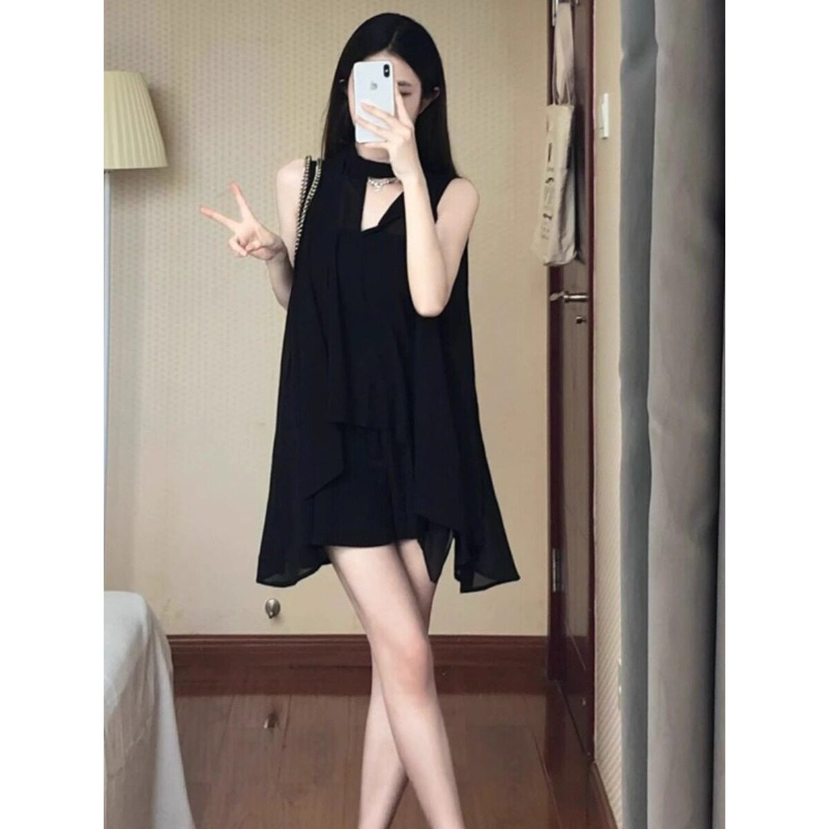 💕現貨秒出🍓法式氣質顯瘦掛脖雪紡吊帶連身衣
