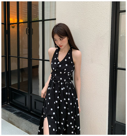 春夏法式可愛點點掛脖開衩中長裙