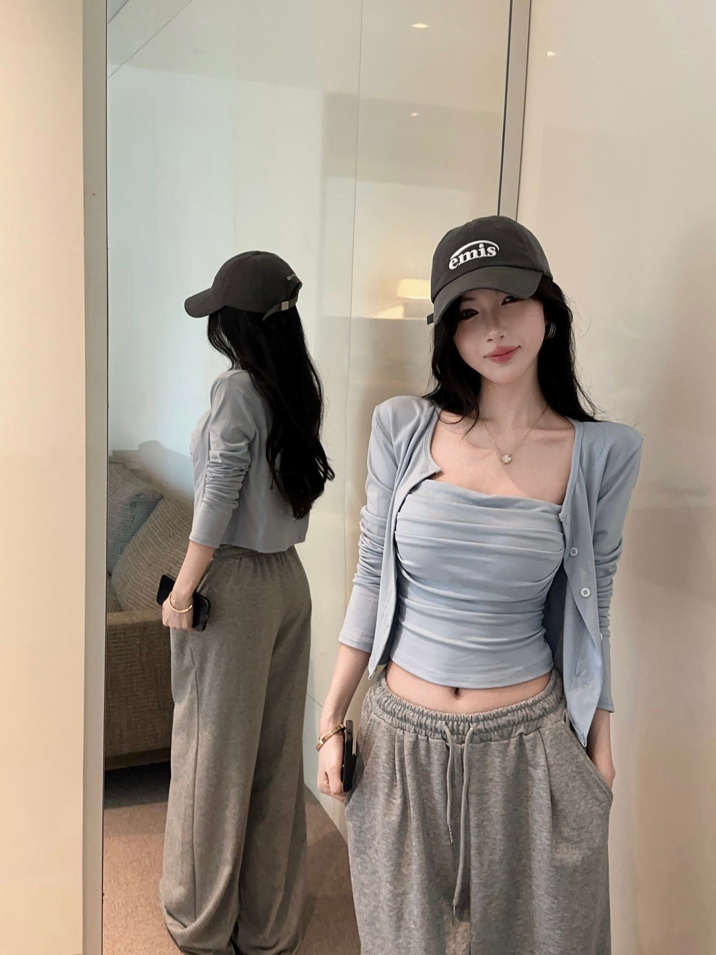 春夏褶皺吊帶背心+薄外套兩件組