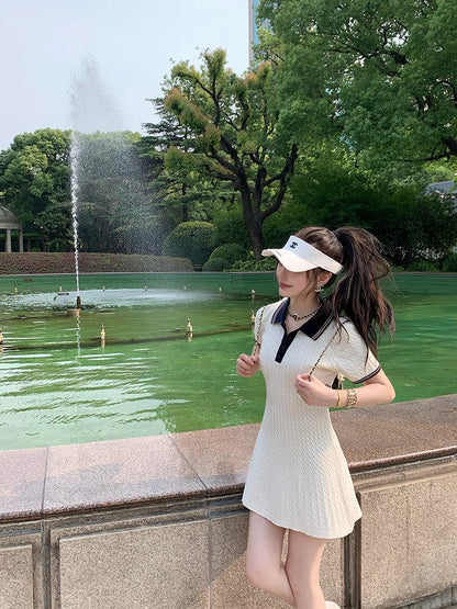 撞色麻花polo領短袖連衣裙