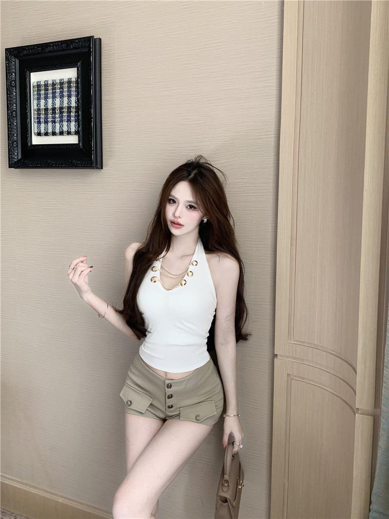 💕現貨秒出🍓⭐V領掛脖吊帶短版上衣😘