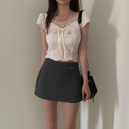 蕾絲蝴蝶結小飛袖吊帶上衣