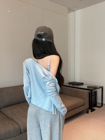 春夏褶皺吊帶背心+薄外套兩件組