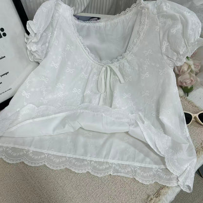 溫柔風白色純淨刺繡泡泡袖襯衫