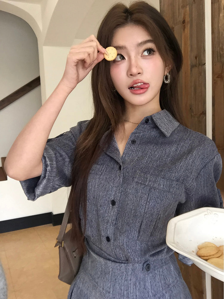 夏季紡牛仔襯衫上衣配百褶裙兩件套