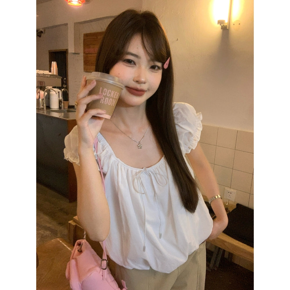 白月光泡泡袖甜美小個子短上衣