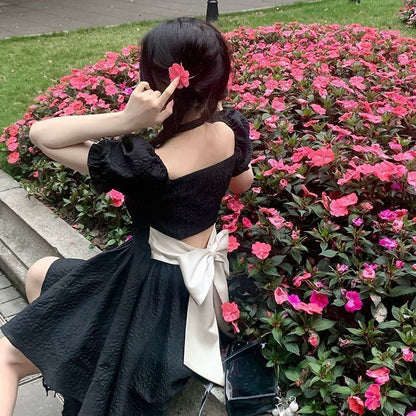 法式泡泡袖花邊露背蝴蝶結短裙