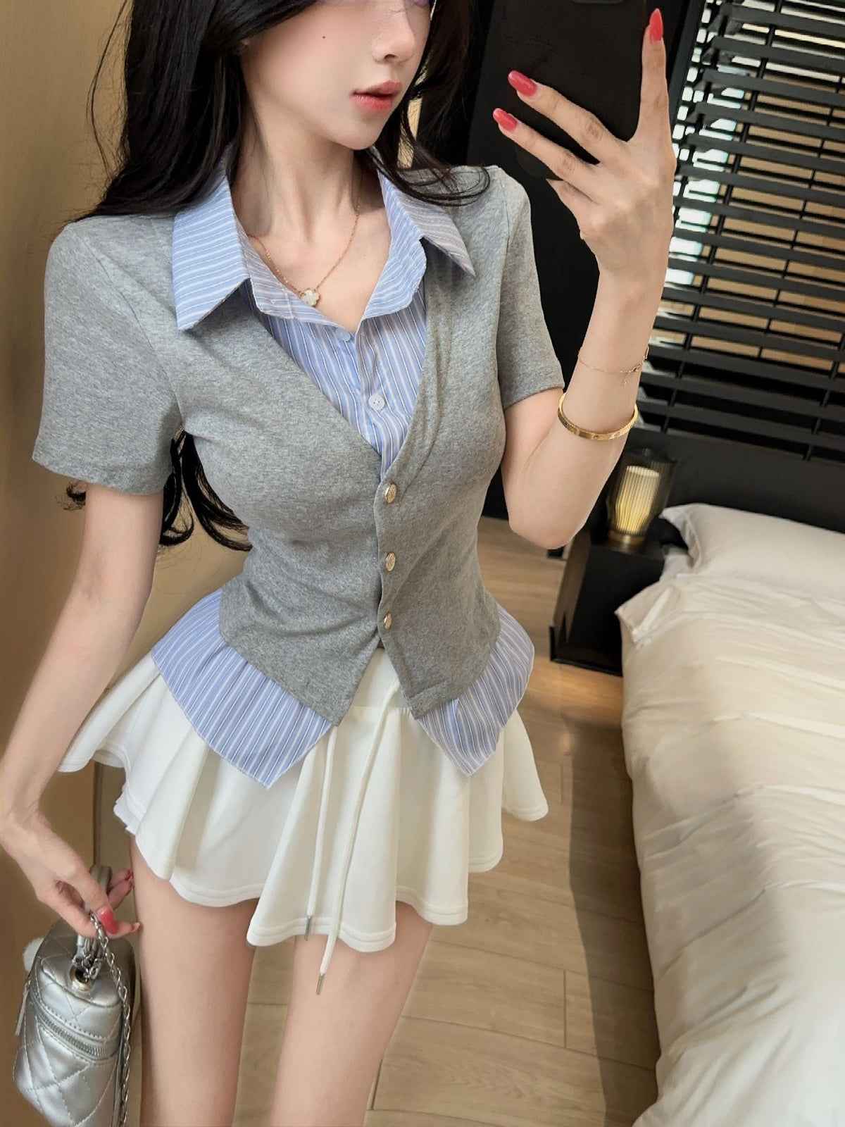 韓系假兩件拼接短袖襯衫上衣