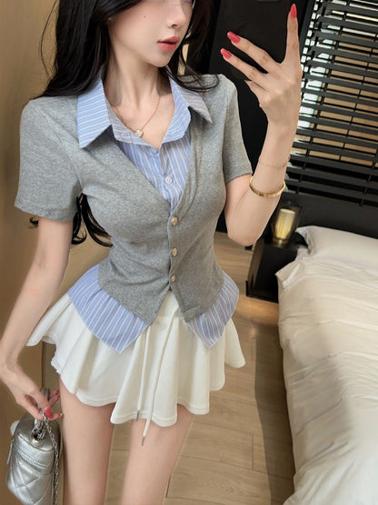 韓系假兩件拼接短袖襯衫上衣