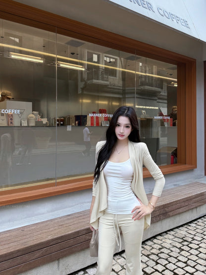 慵懶美背吊帶高腰抽繩微喇叭針織三件套
