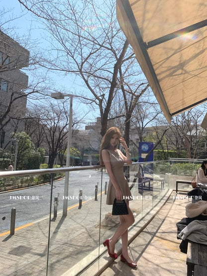 韓系高級無袖收腰素色小洋裝