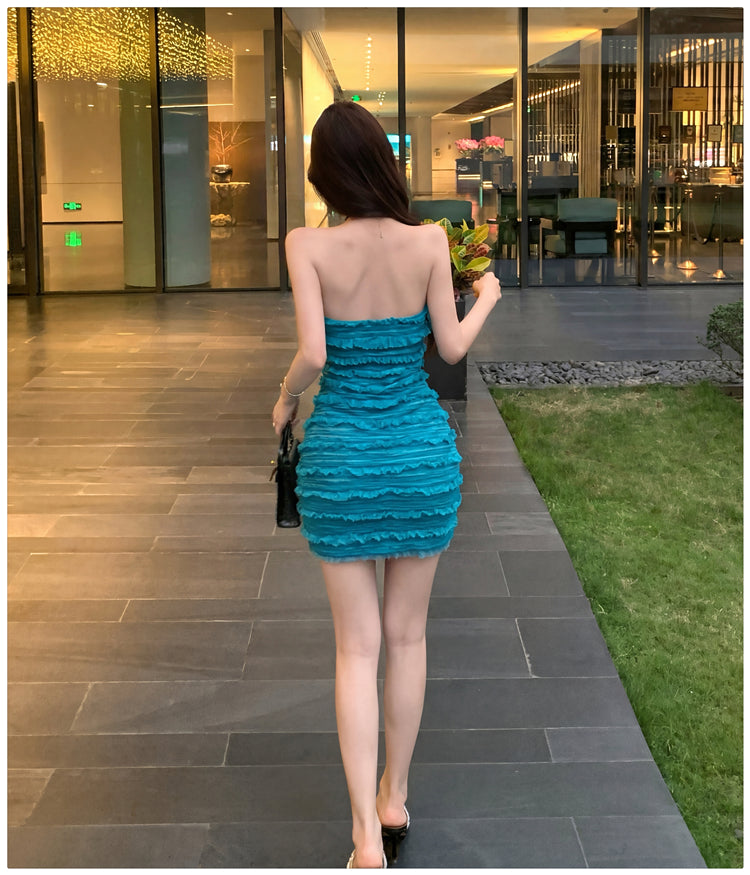 夏季顯瘦千金風平口抹胸包臀短裙