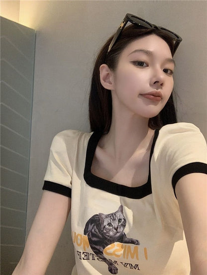 美式胸前印花虎斑貓正肩短版上衣