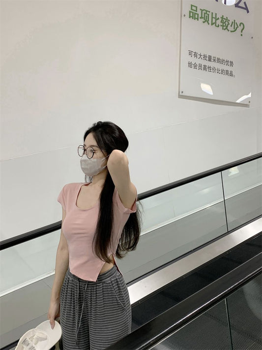 U領不規則短袖上衣