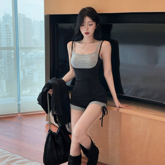 辣妹假兩件吊帶連體瑜珈運動短褲