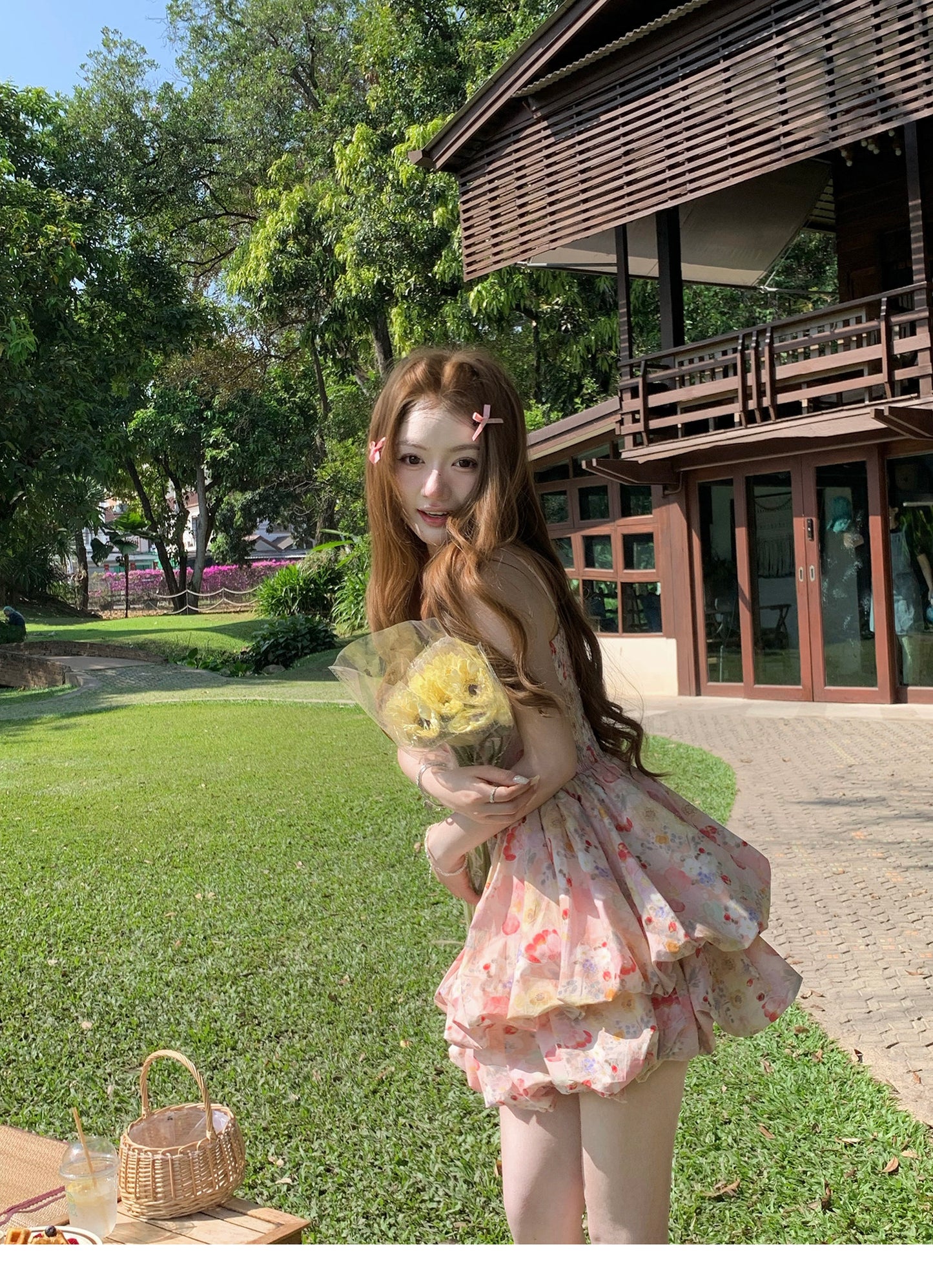 💕現貨秒出🍓ins風氛圍感度假吊帶花苞澎澎裙連衣裙