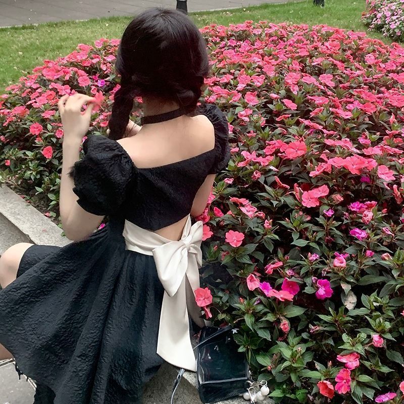 法式泡泡袖花邊露背蝴蝶結短裙