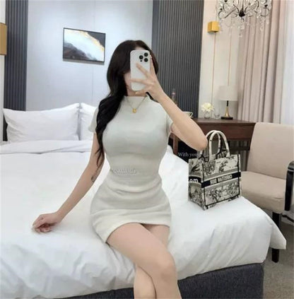 韓系春季微透修身高領短袖包臀短裙