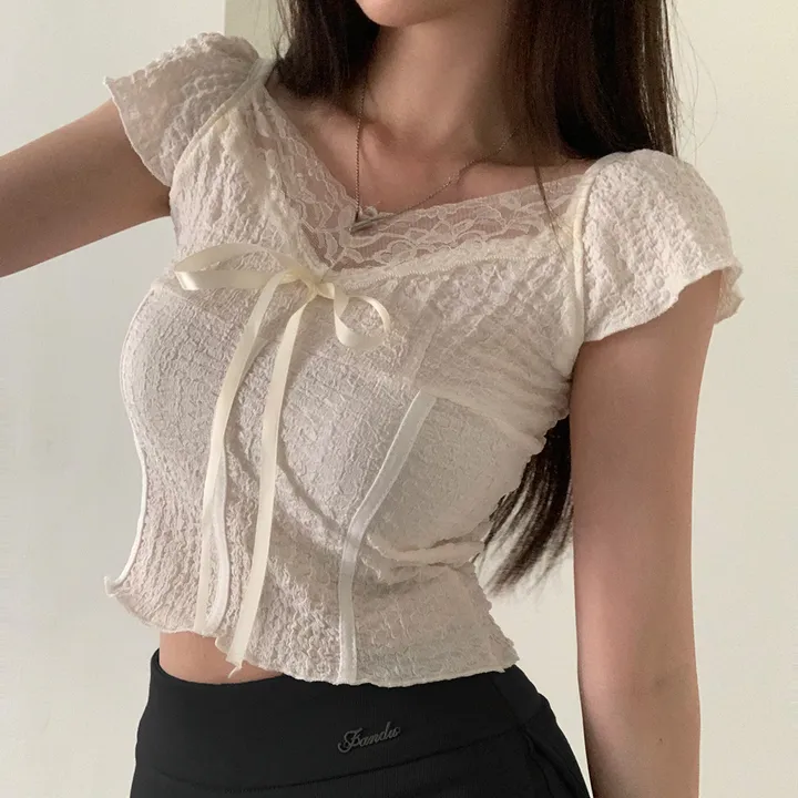 蕾絲蝴蝶結小飛袖吊帶上衣