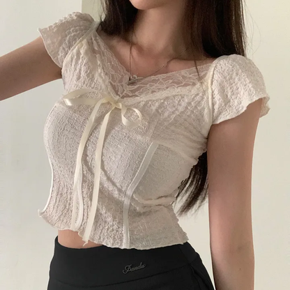 蕾絲蝴蝶結小飛袖吊帶上衣