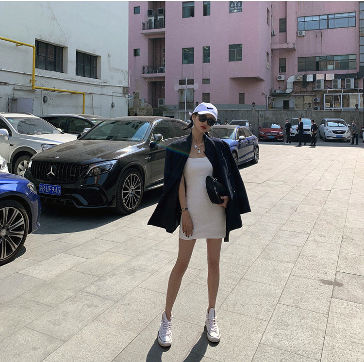 夏季簡約方領緊身包臀短裙