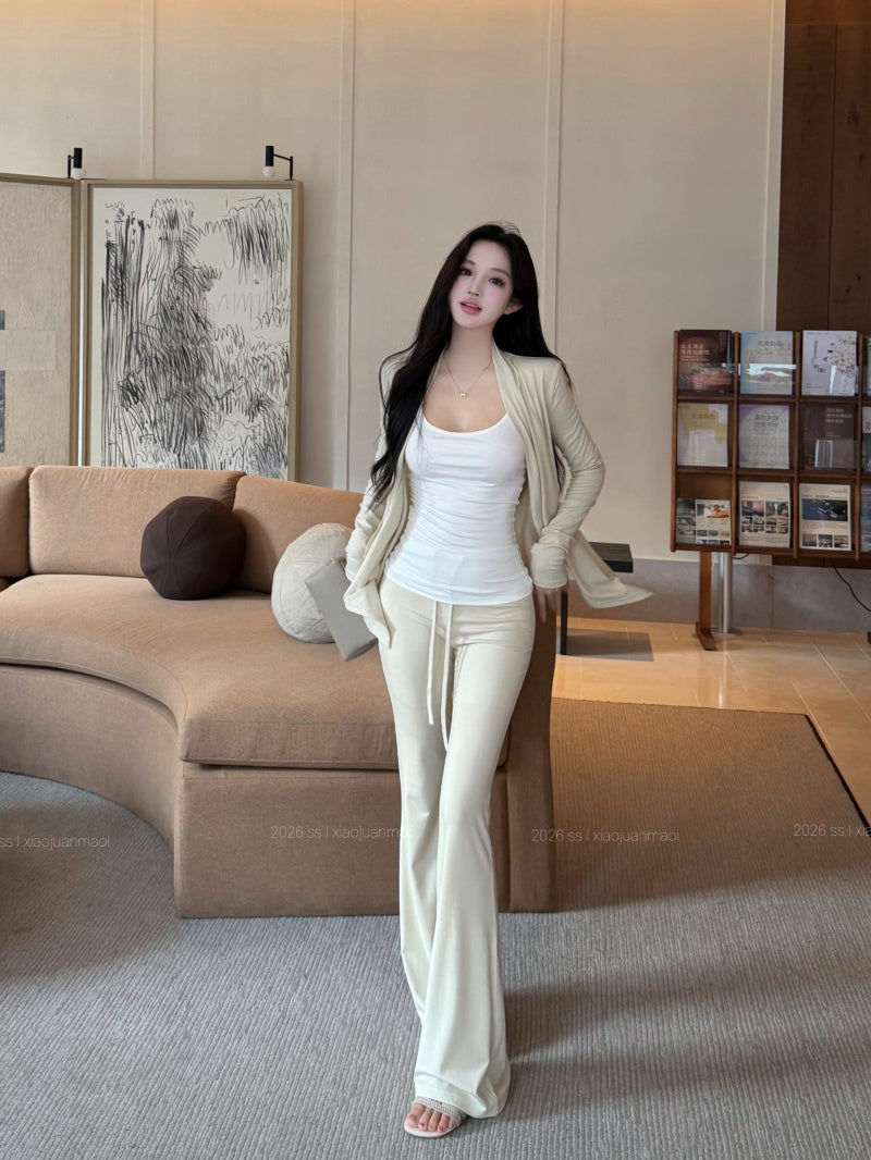 慵懶美背吊帶高腰抽繩微喇叭針織三件套