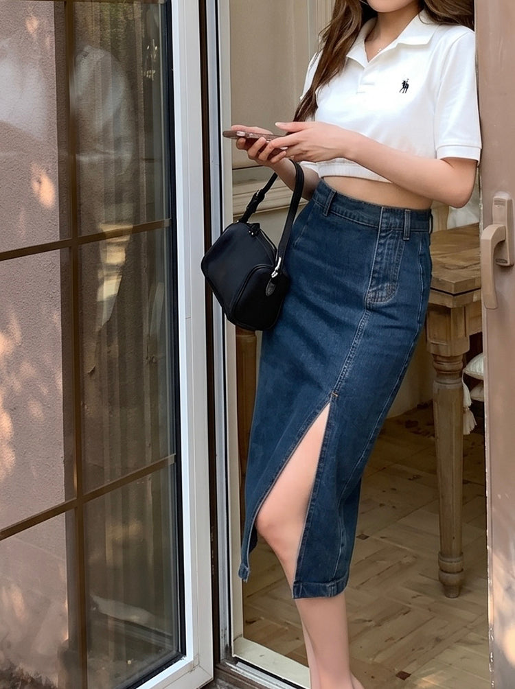 💕現貨秒出🍓韓系牛仔半身高腰中長開岔包臀裙