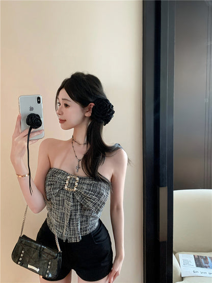 小香風修身蝴蝶結摺皺抹胸背心