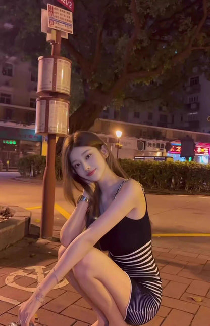 💕現貨秒出🍓韓系小個子條紋鏈條冰絲吊帶