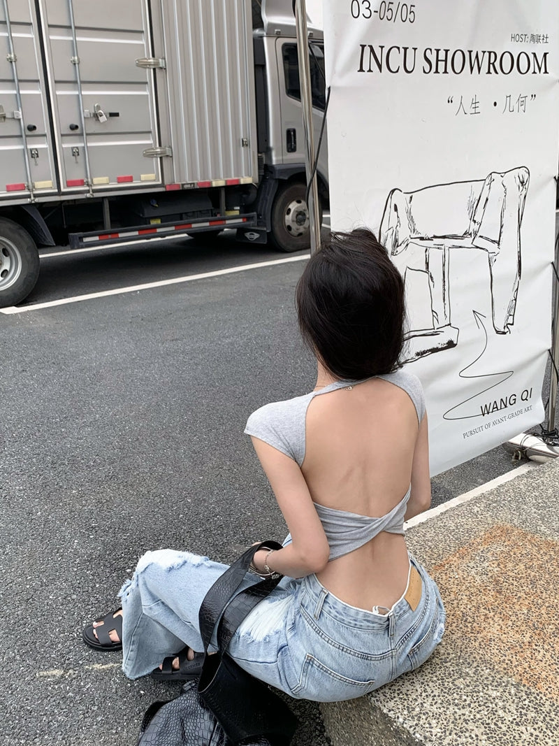 歐美后背交叉露背圓領正肩上衣