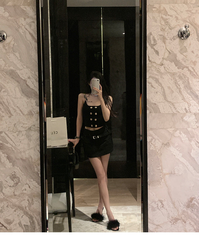 韓系小香風雙排釦鍊條吊帶背心