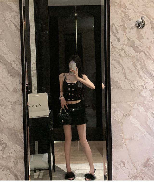 韓系小香風雙排釦鍊條吊帶背心