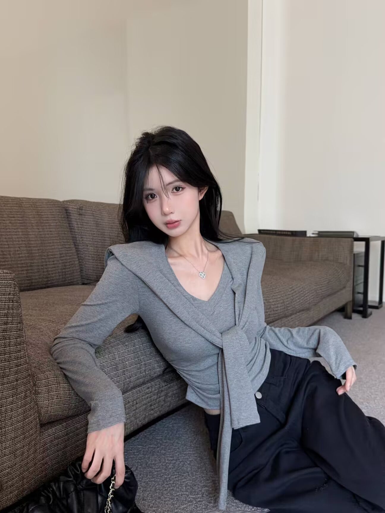 V領修身收腰正肩長袖上衣+披肩