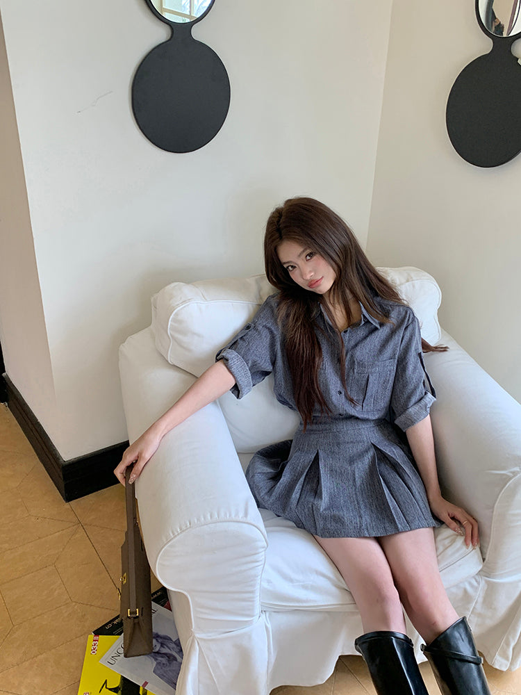 夏季紡牛仔襯衫上衣配百褶裙兩件套