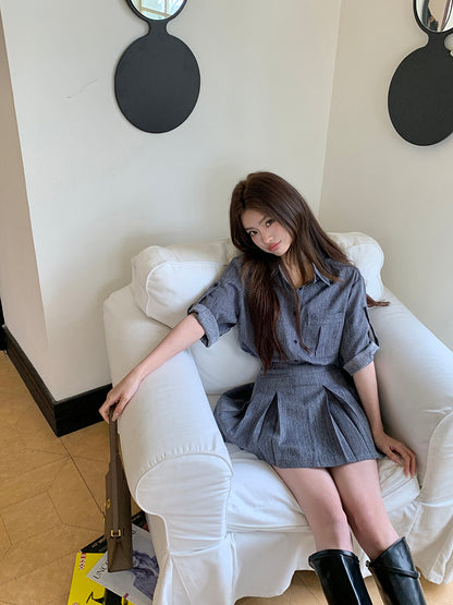 夏季紡牛仔襯衫上衣配百褶裙兩件套