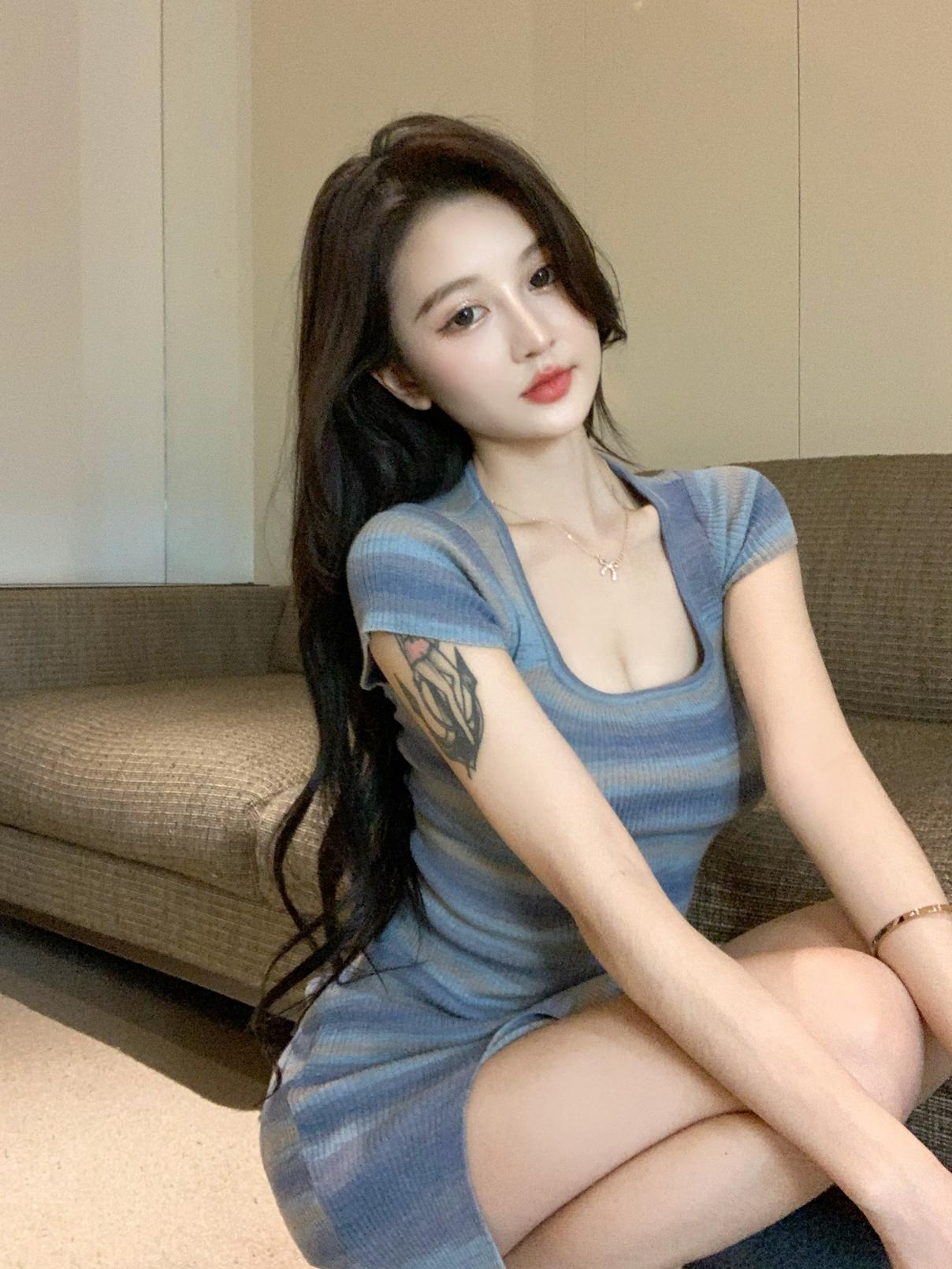日常性感條紋連身小個子開衩裙
