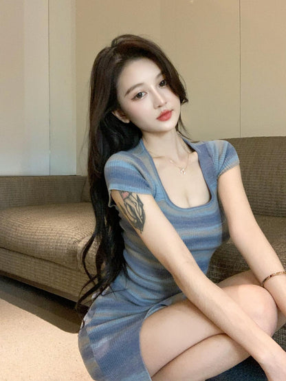 日常性感條紋連身小個子開衩裙
