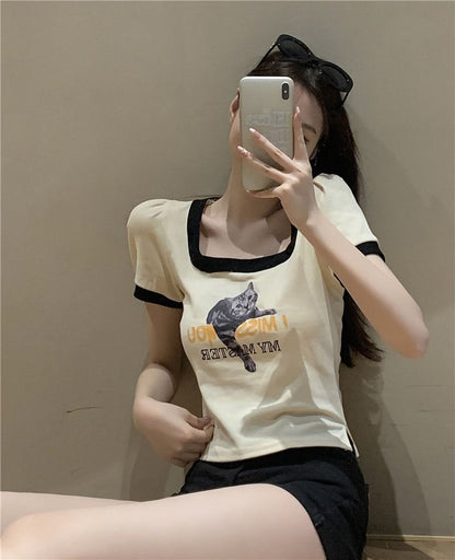 美式胸前印花虎斑貓正肩短版上衣