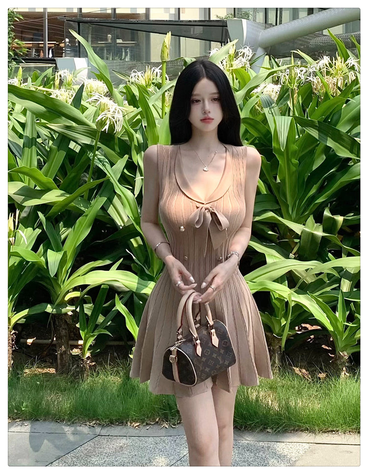 💕現貨秒出🍓法式無袖針織小香風連衣短裙