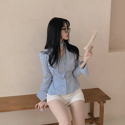 韓系chic飄帶收腰百搭上衣