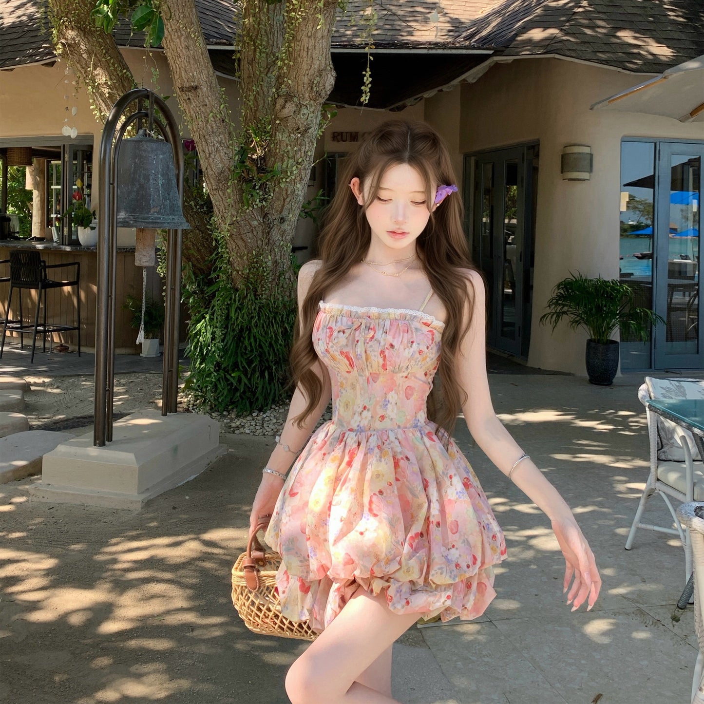 ins風氛圍感度假吊帶花苞澎澎裙連衣裙