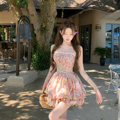 ins風氛圍感度假吊帶花苞澎澎裙連衣裙