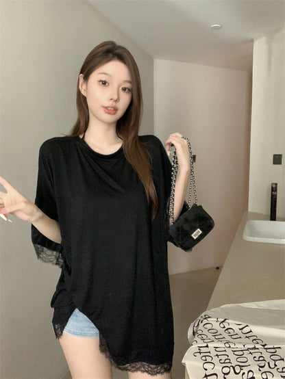 休閒百搭寬鬆下擺開衩蕾絲上衣