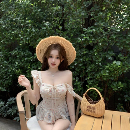 杏色碎花系帶小飛袖方領襯衫上衣