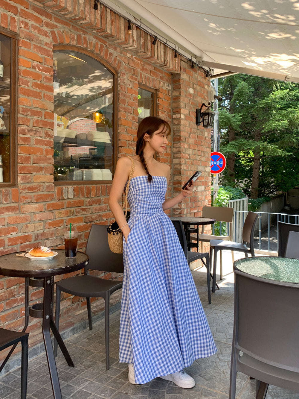 chic韓系甜美格子抹胸露肩度假連衣裙