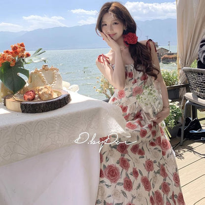 海邊度假紅色碎花吊帶長裙(有大尺碼)