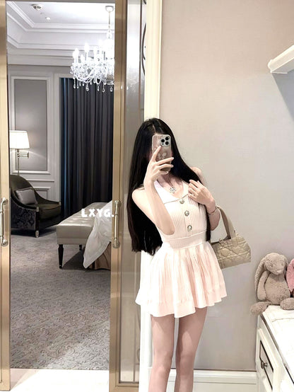 小香風翻領掐腰無袖連衣短裙